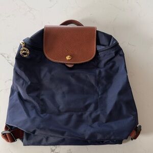 Longchamp Le Pliage Mini Backpack – Navy & Brown Leather.